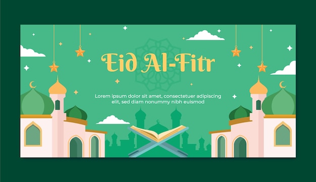 무료 벡터 이슬람 eid al-fitr 축하를 위한 평면 수평 배너 템플릿