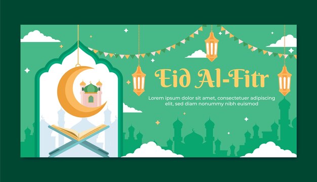 이슬람 eid al-fitr 축하를 위한 평면 수평 배너 템플릿