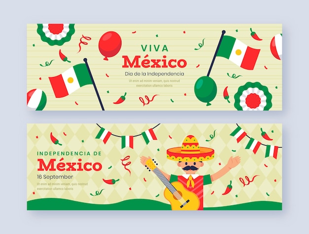 Бесплатное векторное изображение Шаблон плоского горизонтального баннера для празднования независимости мексики