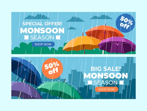 Бесплатное векторное изображение Шаблон плоского горизонтального баннера для распродаж сезона дождей