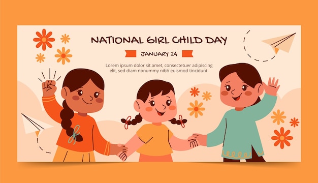 Бесплатное векторное изображение Шаблон плоского горизонтального баннера для национального дня девочек