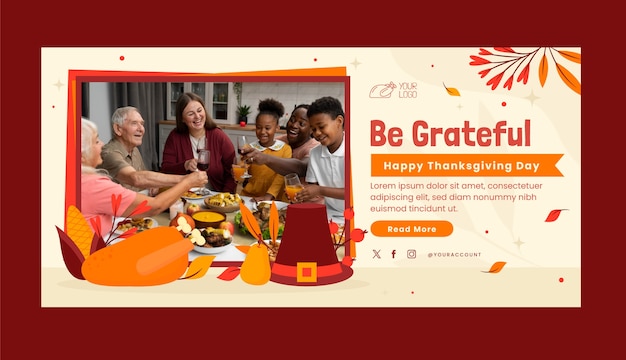 Бесплатное векторное изображение Шаблон плоского горизонтального баннера для празднования дня благодарения