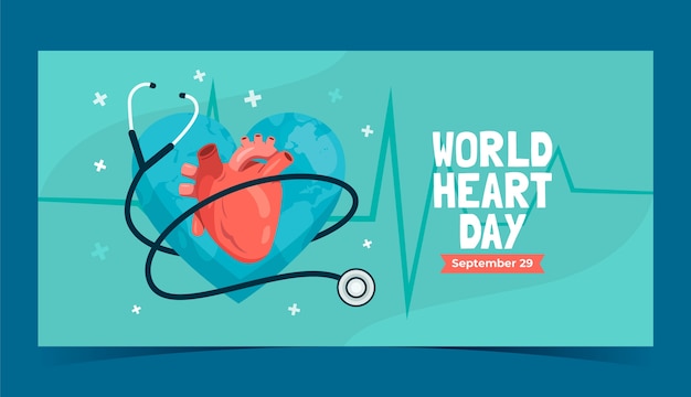 無料ベクター 世界心臓の日に関する意識を高めるための水平の平らなバナーテンプレート