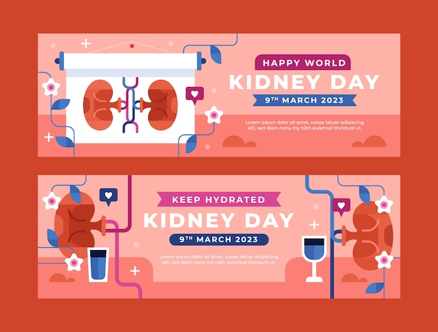 Бесплатное векторное изображение Шаблон плоского горизонтального баннера ко всемирному дню почек