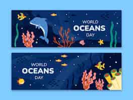 無料ベクター 海洋生物と世界海洋デーのお祝いの平らな水平バナー テンプレート