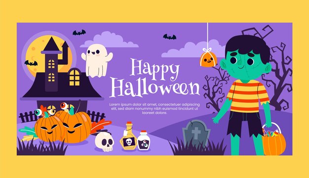 ハロウィーンの季節のお祝いのための平らな水平バナー テンプレート