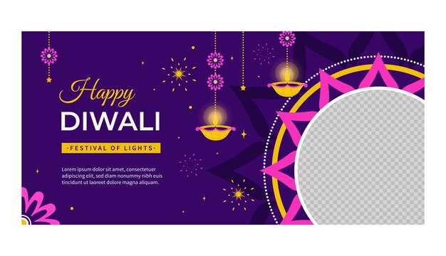 Flat horizontal banner template for hindu diwali festival celebration