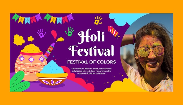 Vettore gratuito modello di banner orizzontale piatto per la celebrazione del festival di holi.