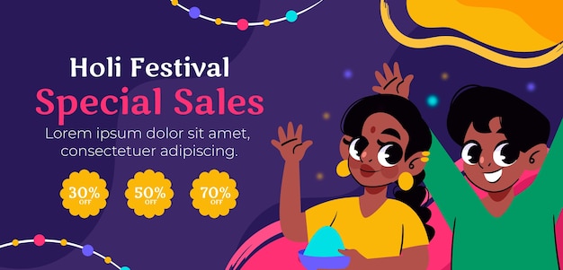 Free vector flat horizontal banner template for holi festival celebration