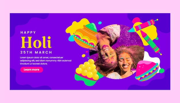 Modello di banner orizzontale piatto per la celebrazione del festival di holi.