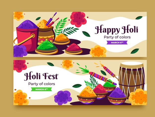 Flat horizontal banner template for holi festival celebration
