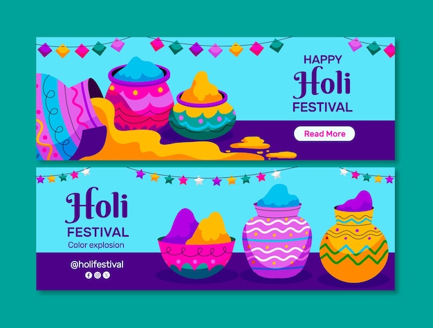 Free vector flat horizontal banner template for holi festival celebration