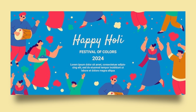 Modello di banner orizzontale piatto per la celebrazione del festival di holi