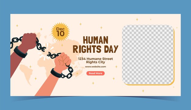 Modello di banner orizzontale piatto per la giornata dei diritti umani con le mani che rompono la catena