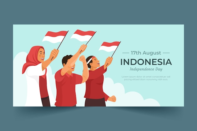 Vettore gratuito modello di banner orizzontale piatto per la celebrazione del giorno dell'indipendenza dell'indonesia