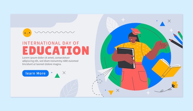 Vettore gratuito modello di banner orizzontale piatto per la giornata internazionale dell'evento educativo