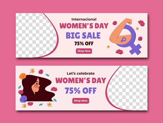 Flat horizontal banner template for international women's day celebration