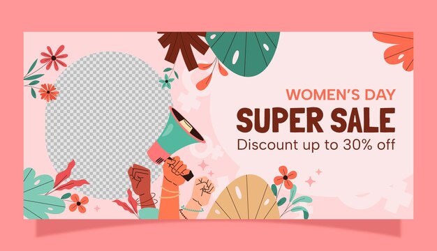 Flat horizontal banner template for international women's day celebration