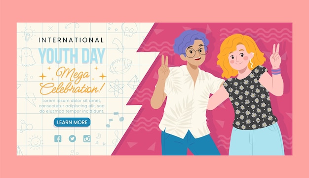 Free vector flat horizontal banner template for international youth day celebration