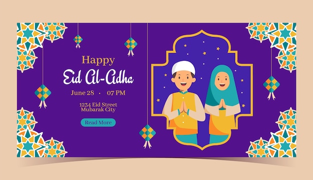 Vettore gratuito modello di banner orizzontale piatto per la celebrazione islamica di eid al-adha