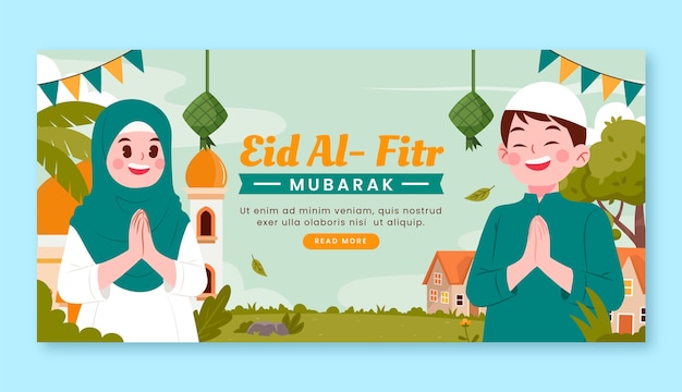 Vettore gratuito modello di banner orizzontale piatto per la celebrazione islamica di eid al-fitr