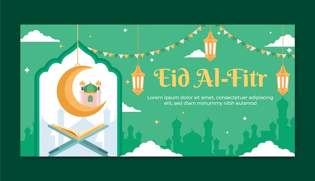 Free vector flat horizontal banner template for islamic eid al-fitr celebration