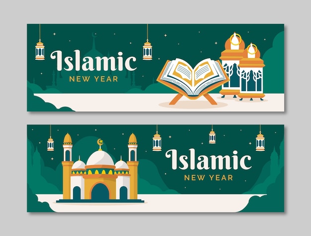 Flat horizontal banner template for islamic new year celebration