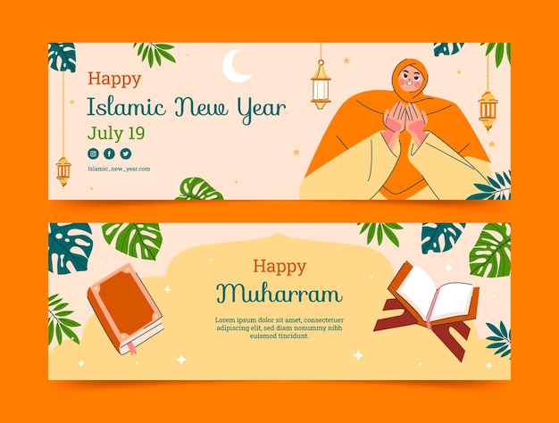 Modello di banner orizzontale piatto per la celebrazione del capodanno islamico