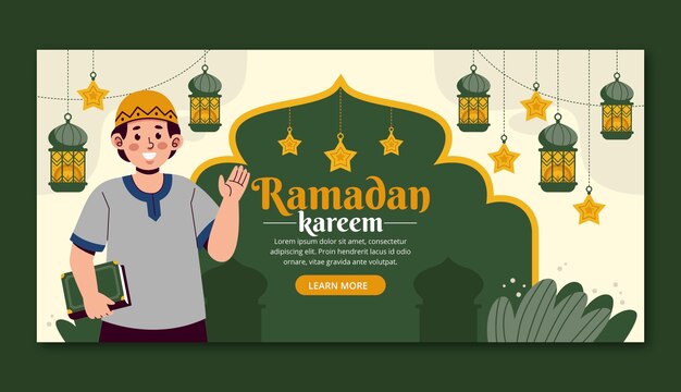 イスラムのラマダンのお祝いのための平らな水平バナー テンプレート