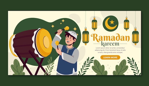 イスラムのラマダンのお祝いのための平らな水平バナー テンプレート