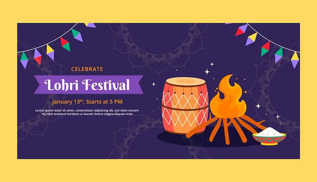 Vettore gratuito modello di banner orizzontale piatto per la celebrazione del festival lohri