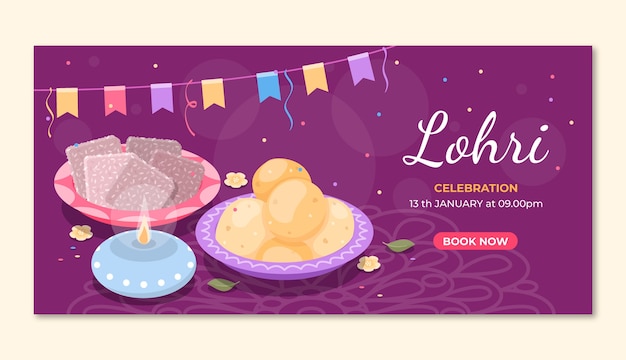 Vettore gratuito modello di banner orizzontale piatto per la celebrazione del festival lohri