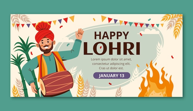 Free Vector flat horizontal banner template for lohri festival celebration