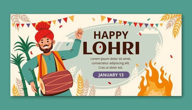 Lohri 축제 축하를위한 평면 가로 배너 템플릿