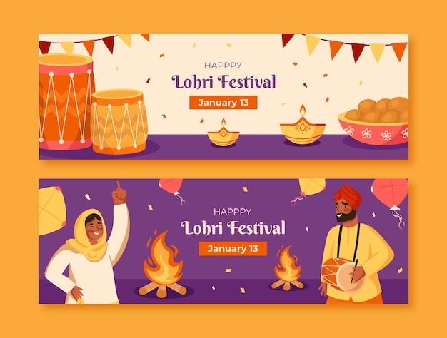 Lohri 축제 축하를위한 평면 가로 배너 템플릿