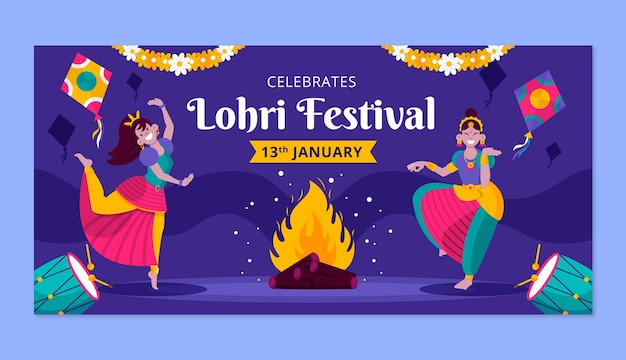 Vettore gratuito modello di banner orizzontale piatto per il festival lohri