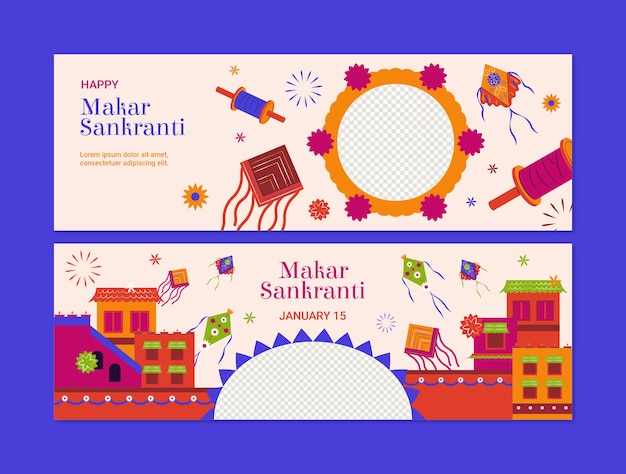 Free vector flat horizontal banner template for makar sankranti festival