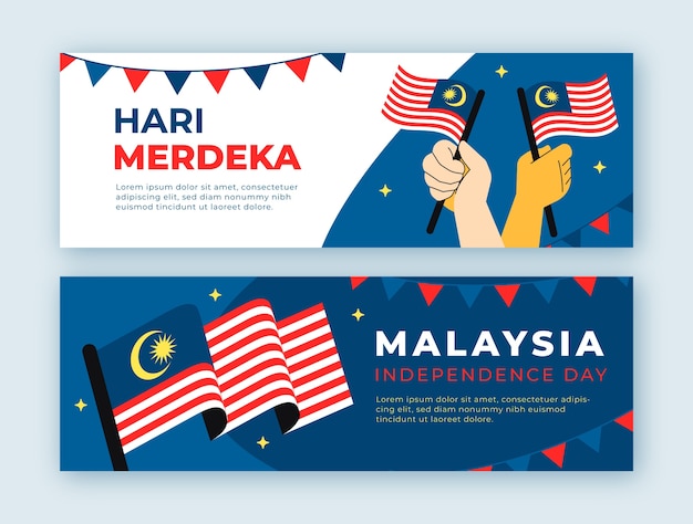 말레이시아 독립 기념일 축하를위한 평면 가로 배너 템플릿