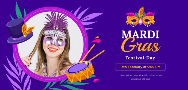 Flat horizontal banner template for mardi gras festival