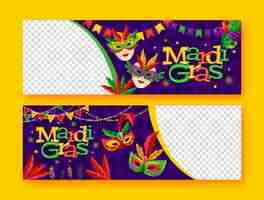 Free vector flat horizontal banner template for mardi gras festival