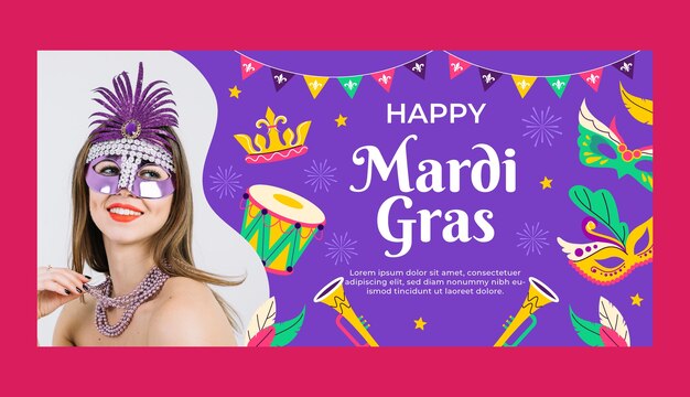 Flat horizontal banner template for mardi gras festival