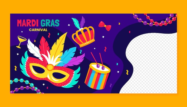 Free vector flat horizontal banner template for mardi gras festival
