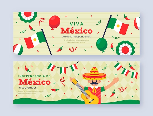 Free vector flat horizontal banner template for mexico independence celebration