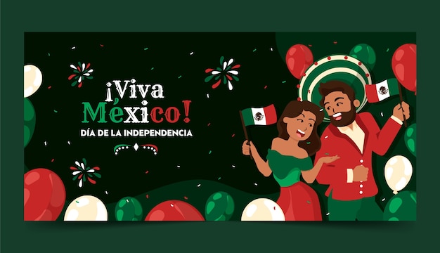 メキシコ独立記念日のお祝いのための平らな水平バナー テンプレート