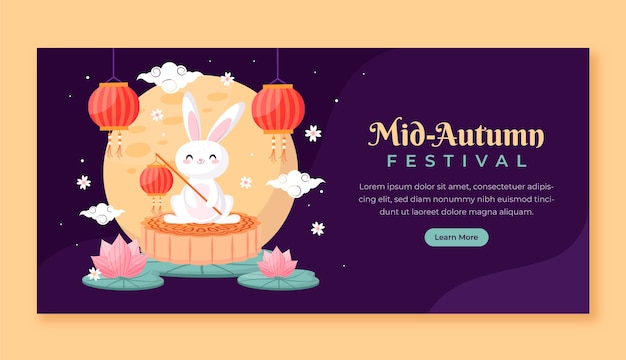 Free vector flat horizontal banner template for mid-autumn festival celebration