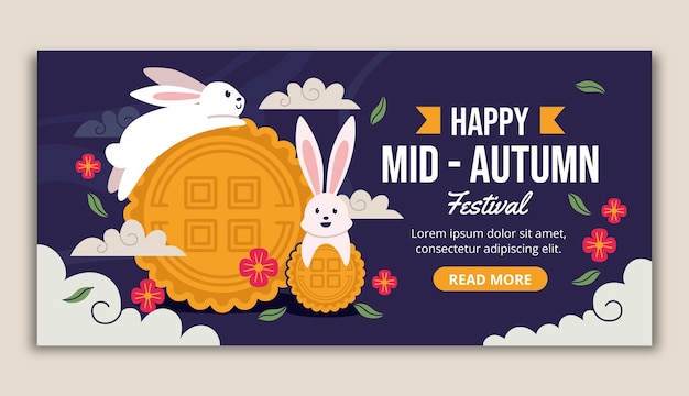 Vettore gratuito modello di banner orizzontale piatto per la celebrazione del festival di metà autunno