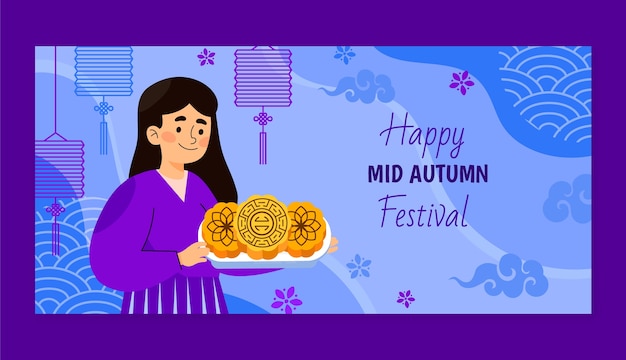 Free vector flat horizontal banner template for mid-autumn festival celebration