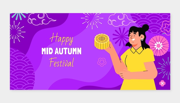Flat horizontal banner template for mid-autumn festival celebration