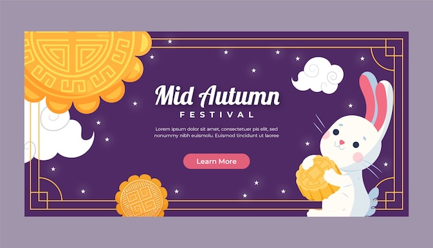 Vettore gratuito modello di banner orizzontale piatto per la celebrazione del festival di metà autunno