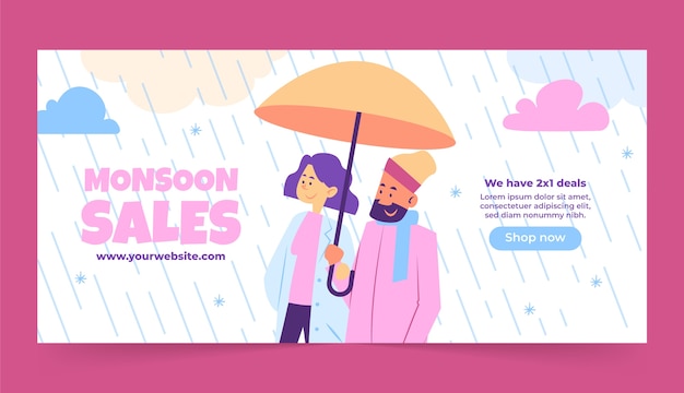 Flat horizontal banner template for monsoon season sale